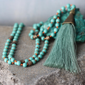 Turquoise Mala Necklace • Long Beaded Tassel Necklace • Boho Meditation Jewelry • Anxiety & Stress Relief Gift